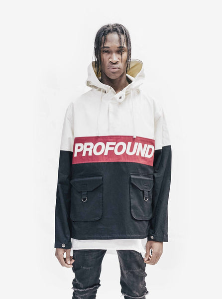 Cotton pullover parka jacket 3 tone black red cream embroidered cargo pocket by profound aesthetic