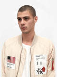 nylon light cream aeronautics flight jacket with cotton printed patchwork by profound aesthetic