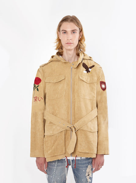 Vintage Tan embroidered polysuede belted eagle field jacket by profound aesthetic