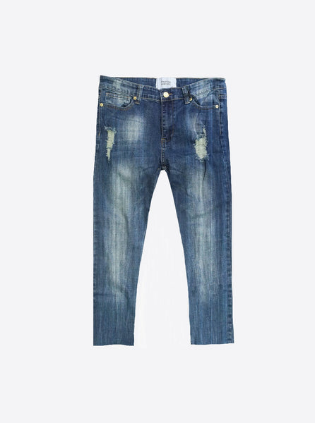 Dark Blue washed distressed destroyed cropped skinny fit denim jeans by profound aesthetic
