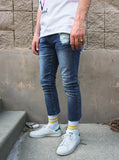 Dark Blue washed distressed destroyed cropped skinny fit denim jeans by profound aesthetic