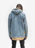 Back view of Vintage Wash Denim Jacket w/ Genuine Leather on model