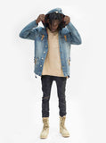 Full body candid shot of Vintage Wash Denim Jacket w/ Genuine Leather