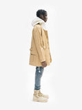 Head to toe full outfit side view of Elongated Cold War Work Jacket in Camel