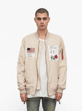 nylon light cream aeronautics flight jacket with cotton printed patchwork by profound aesthetic
