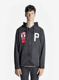 Front image of Four Flag Worldwide Hooded Windbreaker Coach Jacket in Black on model
