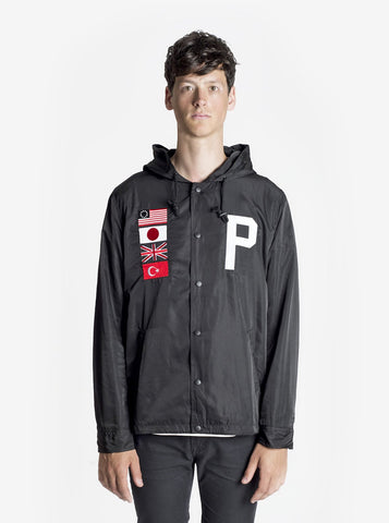 Front image of Four Flag Worldwide Hooded Windbreaker Coach Jacket in Black on model