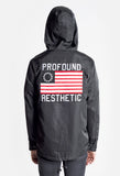 Hood up, back view image of Four Flag Worldwide Hooded Windbreaker Coach Jacket in Black on model