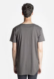 Back view of Basic Raw-Cut Elongated Short Sleeve Tee in Gunmetal Gray on model