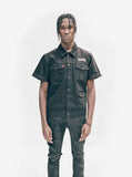 Buttoned, front view of Half-Sleeve Denim Jacket