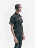 Buttoned, side angle view of Half-Sleeve Denim Jacket