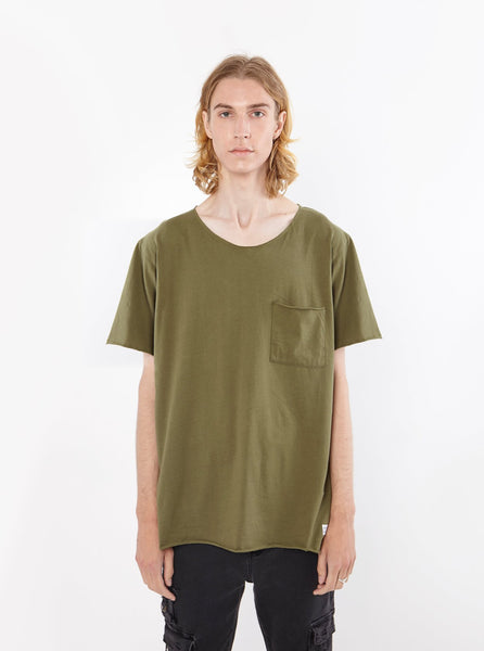 Basic Raw cut cotton olive army short sleeve elongated tee by profound aesthetic