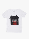 Flat front image of The Things We Love Warning Label Tee in White Marble