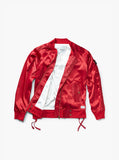 Flat front view of Babylonian Deluxe Satin Jacket in Cardinal Red