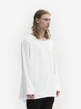 Side angle view of Basic Elongated Long-Sleeve Crewneck Tee in White on model