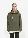 Front view image of Double Layer Reversed French Terry Hoodie in Dark Olive on model, layered with Basic Raw-Cut Elongated Short Sleeve Tee in Off-White