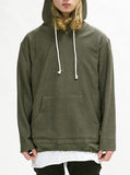 Front detail shot of Double Layer Reversed French Terry Hoodie in Dark Olive on model