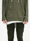 Bottom shot of Double Layer Reversed French Terry Hoodie in Dark Olive, featuring kangaroo pockets