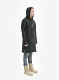 Head to toe shot of Elongated Hooded Pullover Trench in Black on model, featuring the hood
