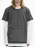 Front detail view of Reversed French Terry Pullover Raw-Cut Sweatshirt in Gunmetal on model