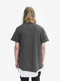 Back view of Reversed French Terry Pullover Raw-Cut Sweatshirt in Gunmetal on model