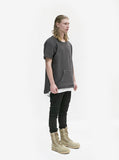 Full side angle view of Reversed French Terry Pullover Raw-Cut Sweatshirt in Gunmetal on model
