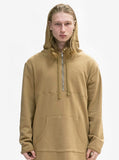 Close up detail of Elongated Hooded Pullover Trench in Khaki with hood up
