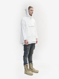 Full side angle view of French Terry Anorak Pullover in Off-White on model with hood up