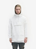Front view of French Terry Anorak Pullover in Off-White on model with hood up