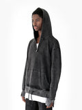 Side angle image of Pigment-Washed Full Neck Zip Up Hoodie in Faded Black