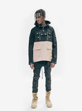 Head to toe look of Fishtail Two-Tone Cargo Pocket Pullover in Black/Khaki paired with black denim and tan work boots