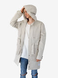 Candid shot of Silver Scale Longline Hooded Jacket in Silver showcasing the hoodie