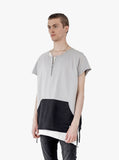 Side angle view of Cut-Off Color Blocked Kangaroo Sweatshirt Tee in Gray/Black on model