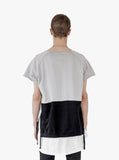 Back view of Cut-Off Color Blocked Kangaroo Sweatshirt Tee in Gray/Black, layered with Basic Raw-Cut Elongated Short Sleeve Tee in Off-White