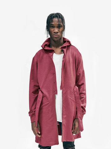 Front view of Desert Sand Hooded French Terry Trench in Maroon on model