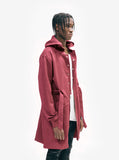 Side angle shot of Desert Sand Hooded French Terry Trench in Maroon on model