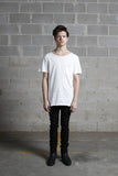 Full outfit view of Basic Raw-Cut Elongated Short Sleeve Tee in Off-White on model