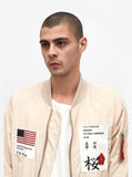 nylon light cream aeronautics flight jacket with cotton printed patchwork by profound aesthetic  