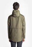 Back view of Torpedo Pocket Anorak Pullover Windbreaker Jacket in Olive on model