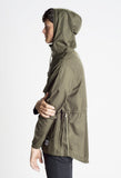 Left side view with hood up of Torpedo Pocket Anorak Pullover Windbreaker Jacket in Olive on model