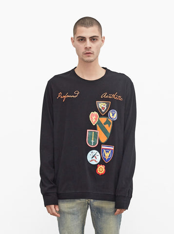 Orange Army Patch Printed Graphic Long Sleeve Crewneck Tee in Black