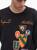 Orange Army Patch Printed Graphic Long Sleeve Crewneck Tee in Black