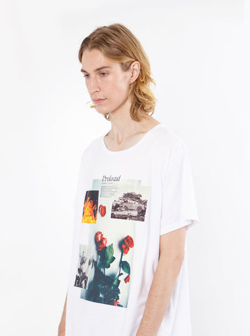 White cotton t shirt with printed baptized by fire graphic tee by profound aesthetic 