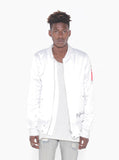 Birds of Heaven Embroidered Satin Bomber in White