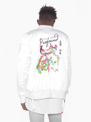 Birds of Heaven Embroidered Satin Bomber in White