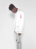 Birds of Heaven Embroidered Satin Bomber in White