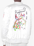 Birds of Heaven Embroidered Satin Bomber in White