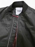 Close up zipper and neckline detail of Waxed Cotton Long Bomber Jacket