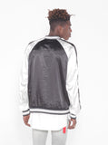 Satin color blocked embroidered boxing jacket in black and white by profound aesthetic