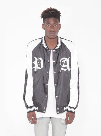 Satin color blocked embroidered boxing jacket in black and white by profound aesthetic 